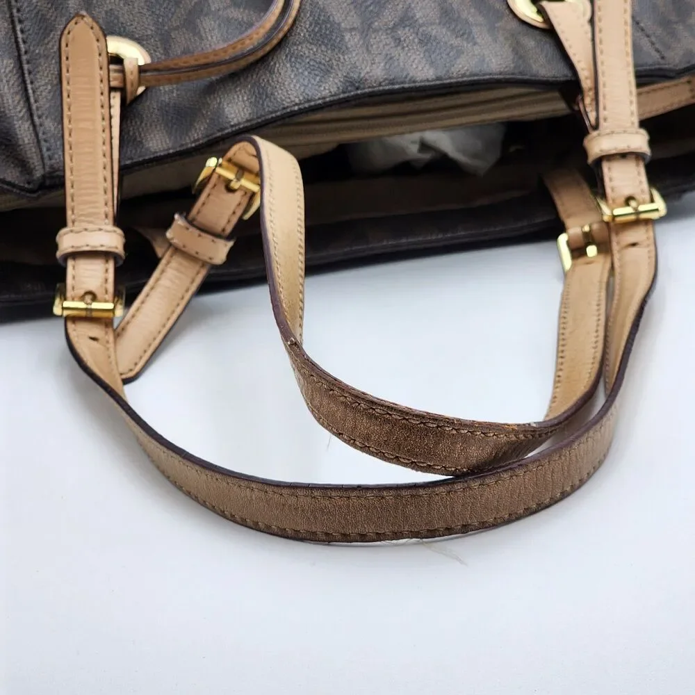 Michael Kors Coated Canvas Monogram MK Leather Trim Large Tote Bag Brown